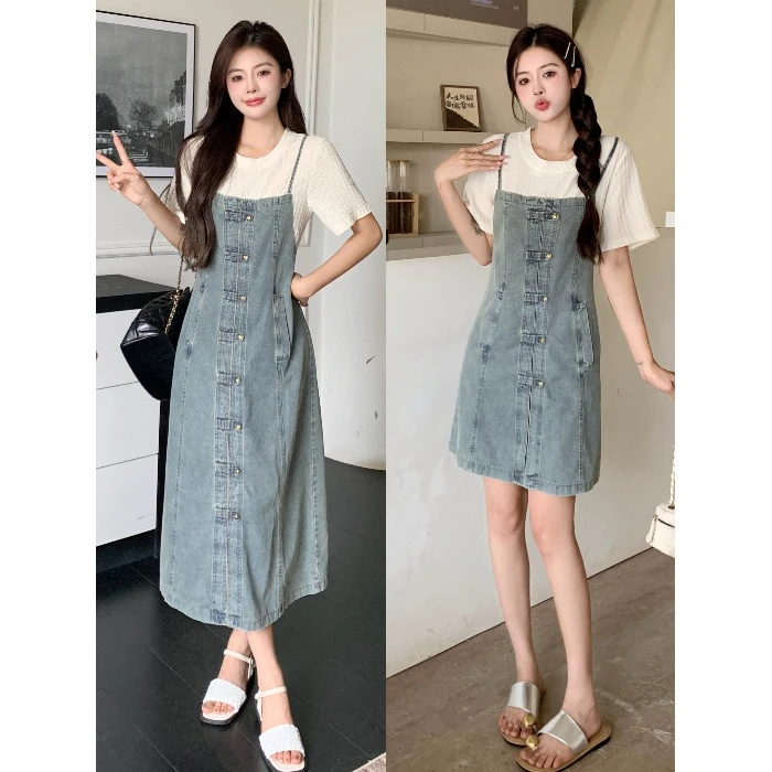 大码女装2025年夏季新款牛仔撞色拼接假两件连衣裙