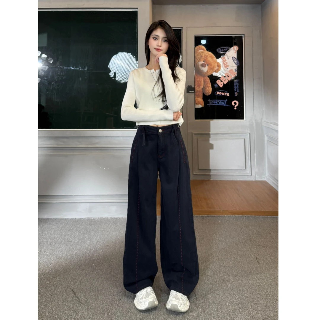 SOOM秋季新款高腰女2025设计感宽松显瘦韩版美式休闲弯刀裤牛仔裤