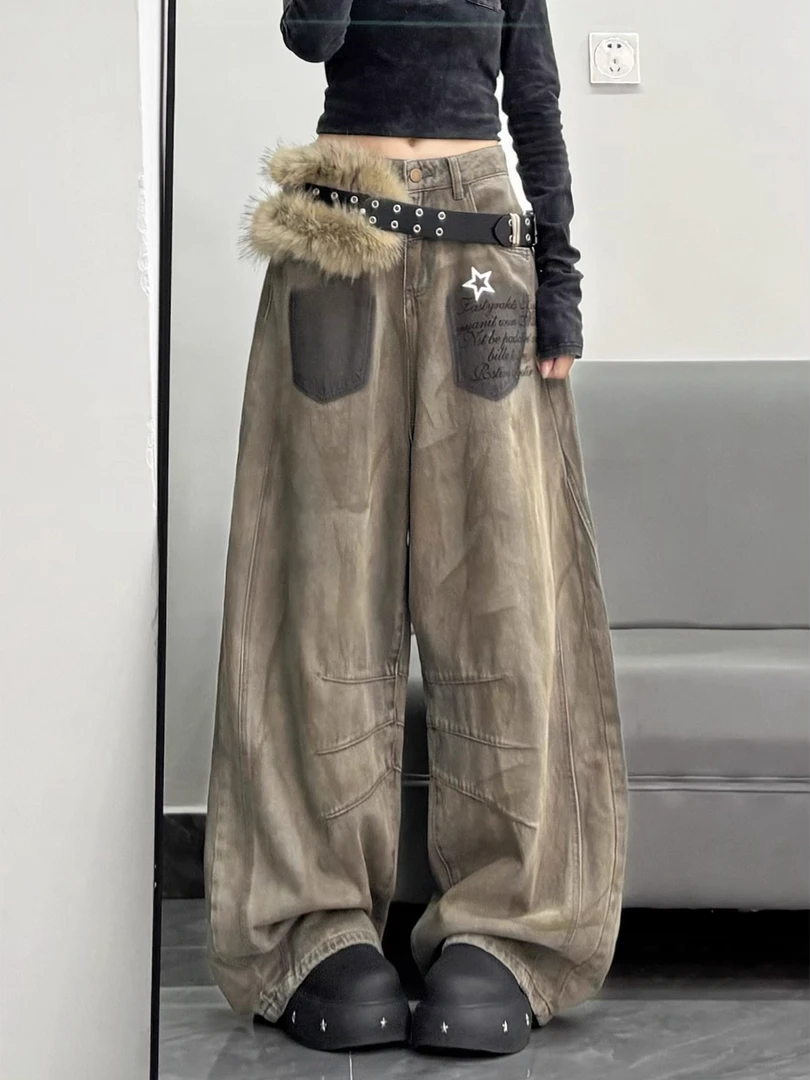 街舞达人嘻哈牛仔裤女2025秋装新款高腰显瘦宽松慵懒风学生阔腿裤
