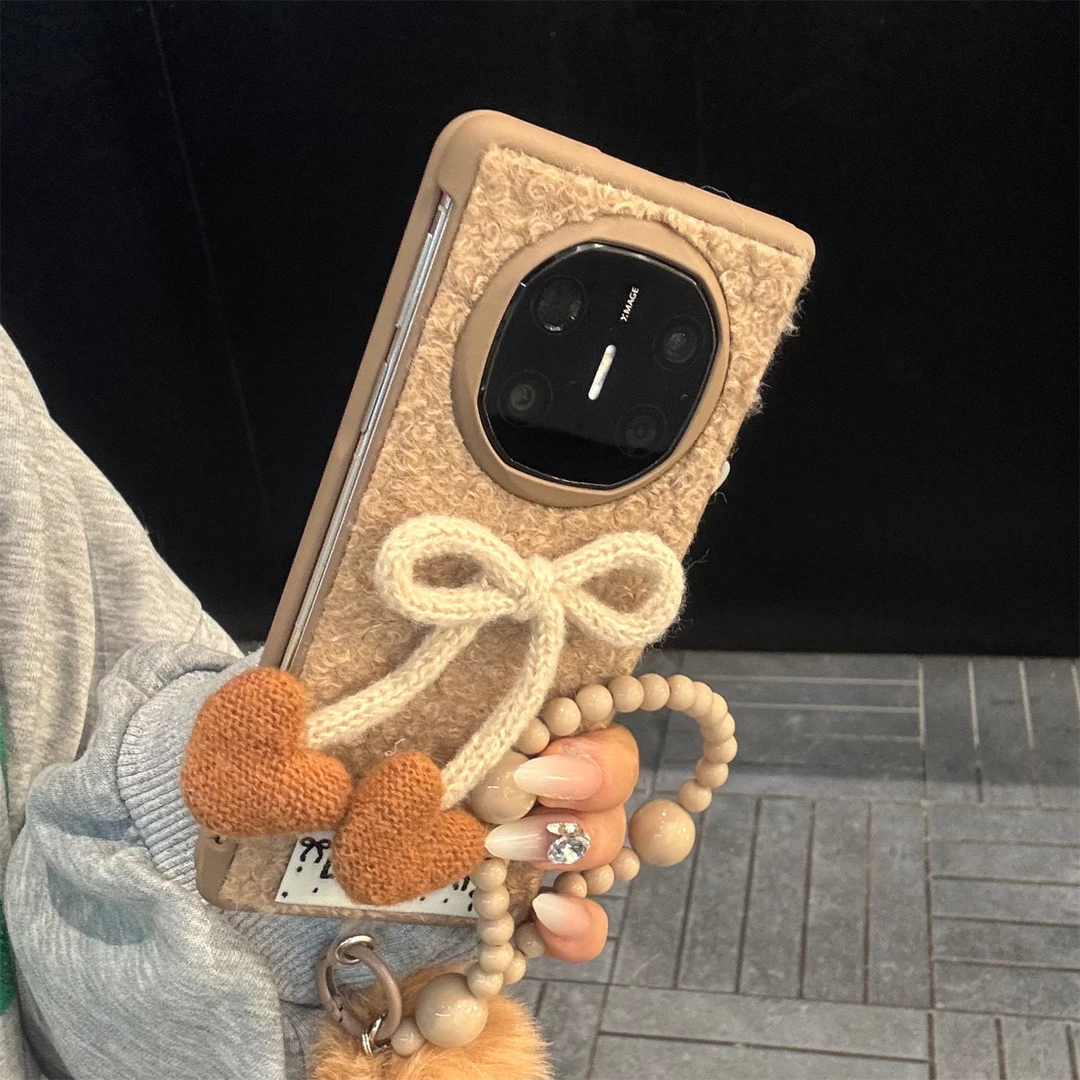 适用华为MateX6折叠屏手机壳棕色毛绒MateX5典藏版立体爱心蝴蝶结