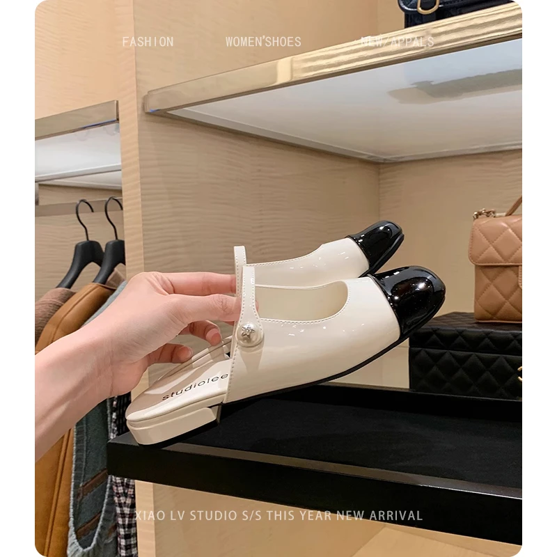 小香风拼色珍珠包头半拖鞋女夏季外穿圆头一直带浅口玛丽珍凉拖鞋