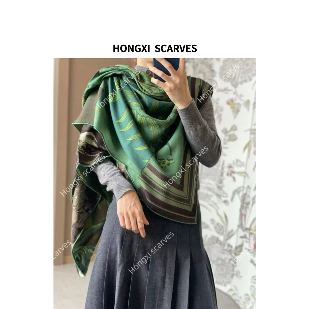 真丝羊毛双面异色印第安绿色酋长130气质时尚方巾百搭披肩H029
