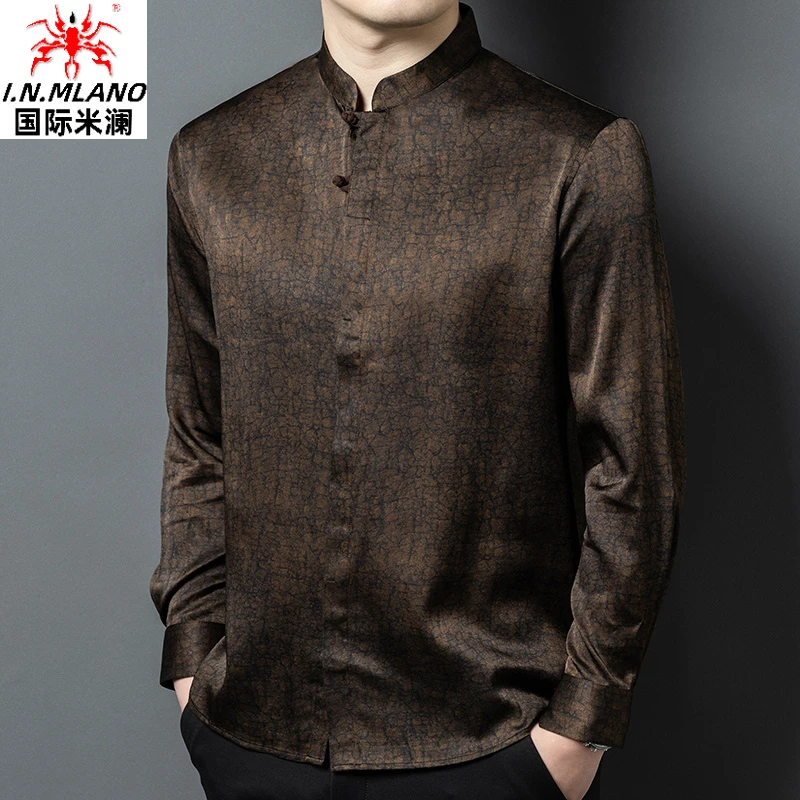 桑蚕丝高级感衬衣男士印花香云纱搭新中式唐装宽松真丝短袖衬衫男