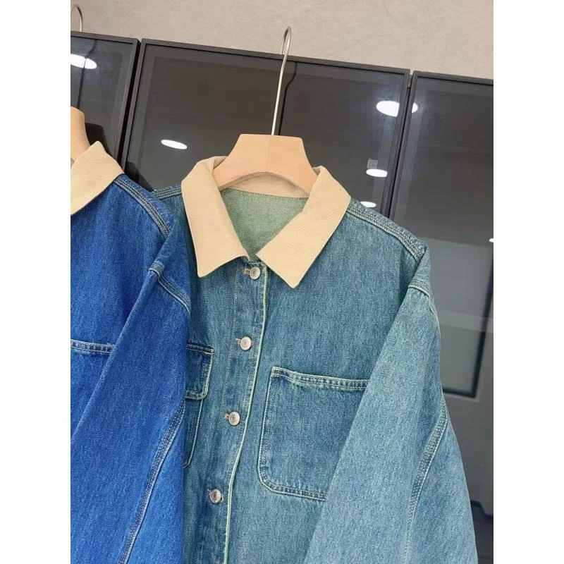 小雅姐姐 韩版POLO领撞色设计感牛仔外套IX16