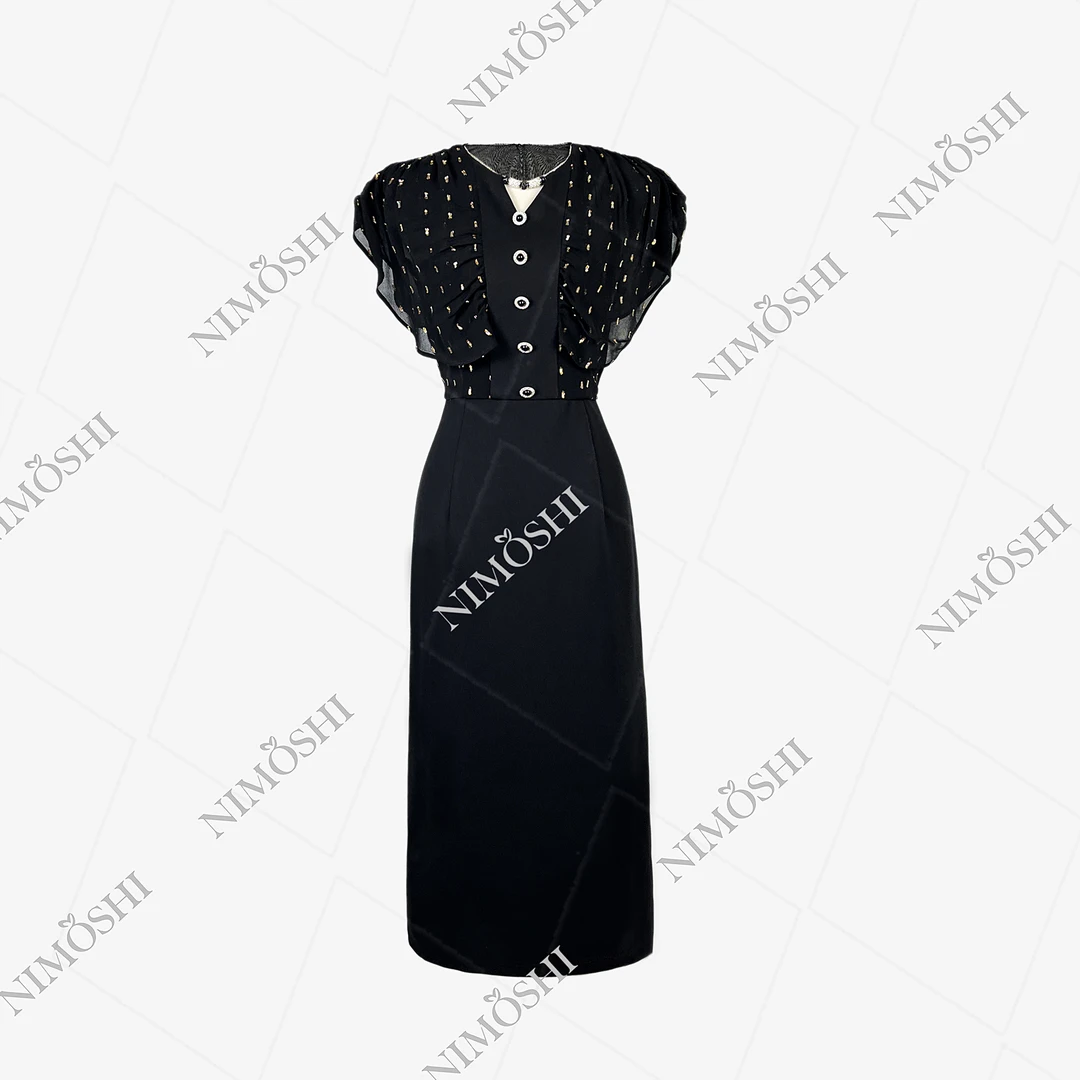 NIMðSHI【莎总】韩系飞飞袖褶皱设计网纱设计师优雅连衣裙Q1338