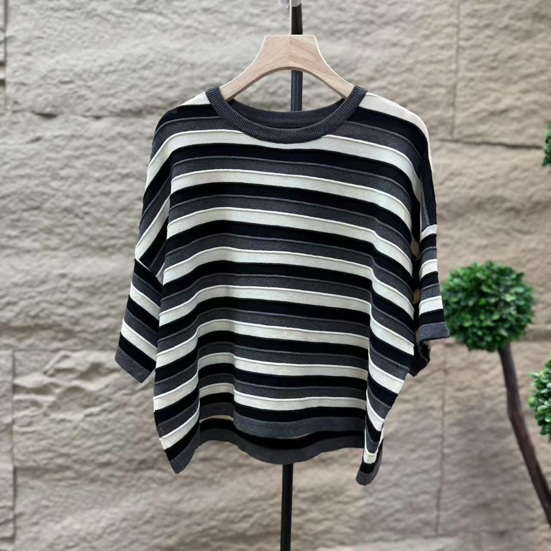 11334新款夏季休闲减龄拼色条纹显瘦短袖T恤