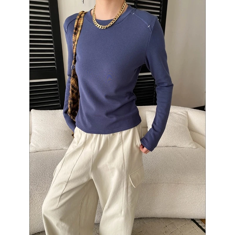 司南新晋内搭王简约明线设计感圆领正肩薄绒打底衫T恤SN8511