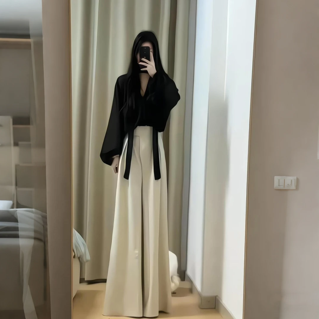 小众高级感通勤套装女2025春季新款法式飘带V领衬衫+高腰阔腿长裤