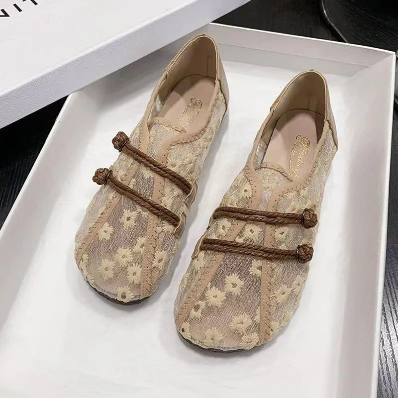 2025森女夏季新款透气网布老北京平底鞋一脚蹬多巴胺纯色薄荷曼波