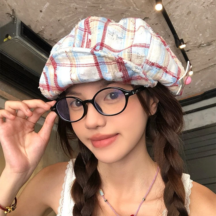 韩系ins格纹星星云朵贝雷帽子女春夏甜美百搭大头围显脸小贝雷帽