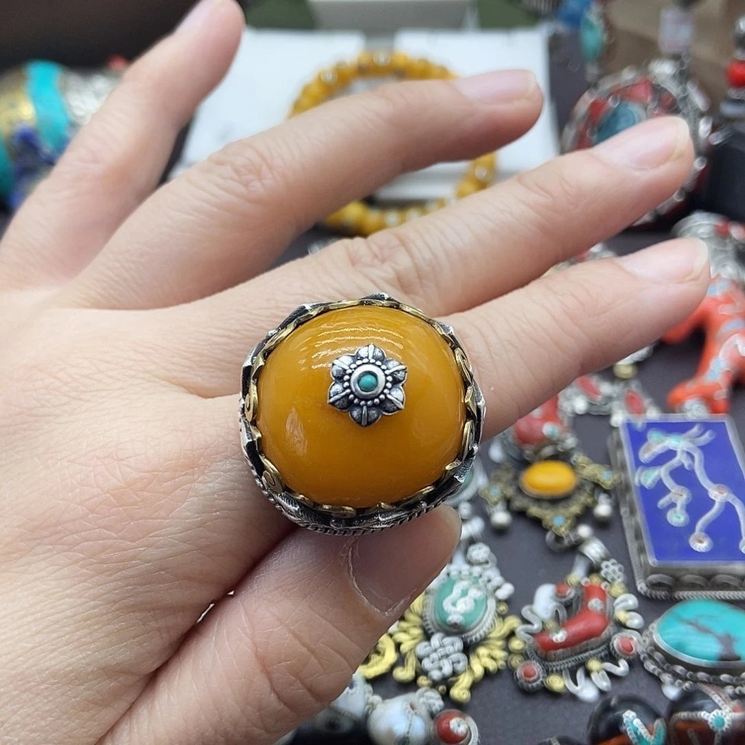 蜜蜡银S925镶嵌戒指坤尼泊尔手工制作