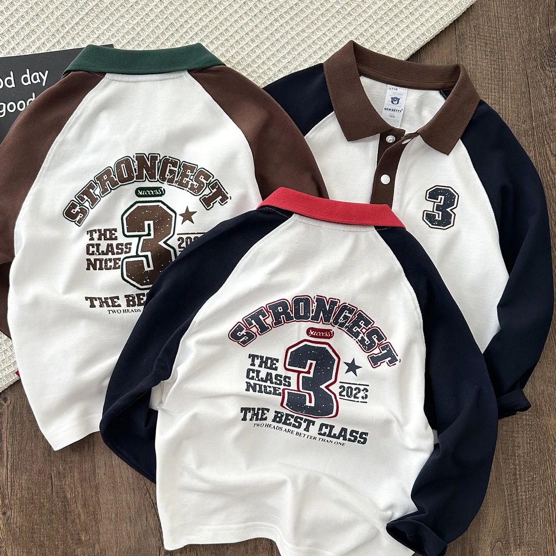 男童撞色POLO衫2025春秋新款儿童插肩袖印花打底衫韩版拼色上衣