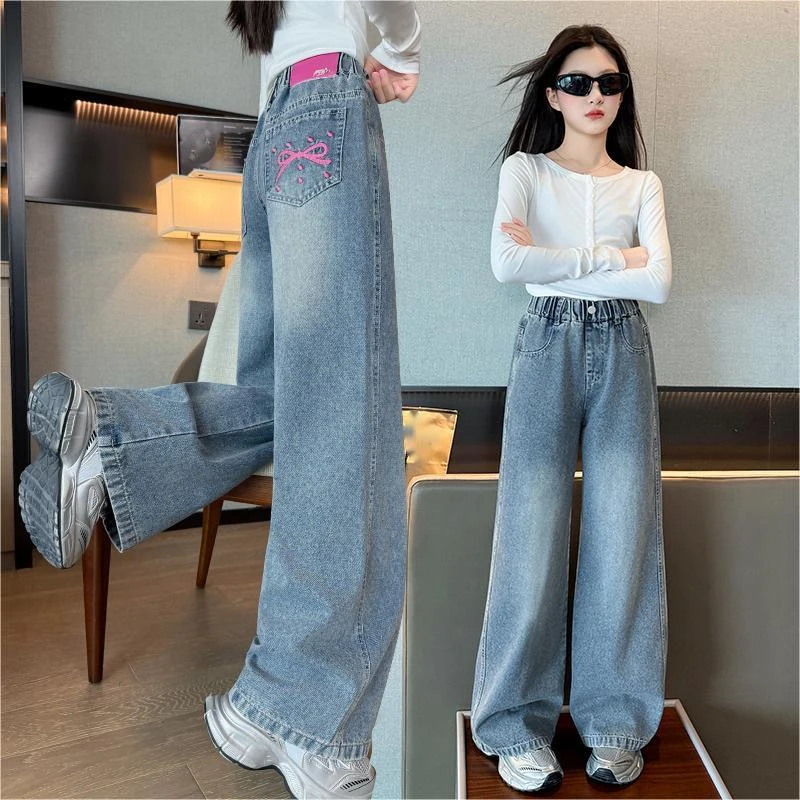 女童春秋牛仔裤2025洋气高腰阔腿裤中大童蝴蝶结刺绣长裤休闲宽松