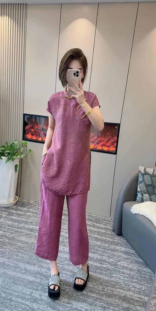 【菲凡】8911高定旗袍领夏季新中式金丝花螺上衣+裤子套装