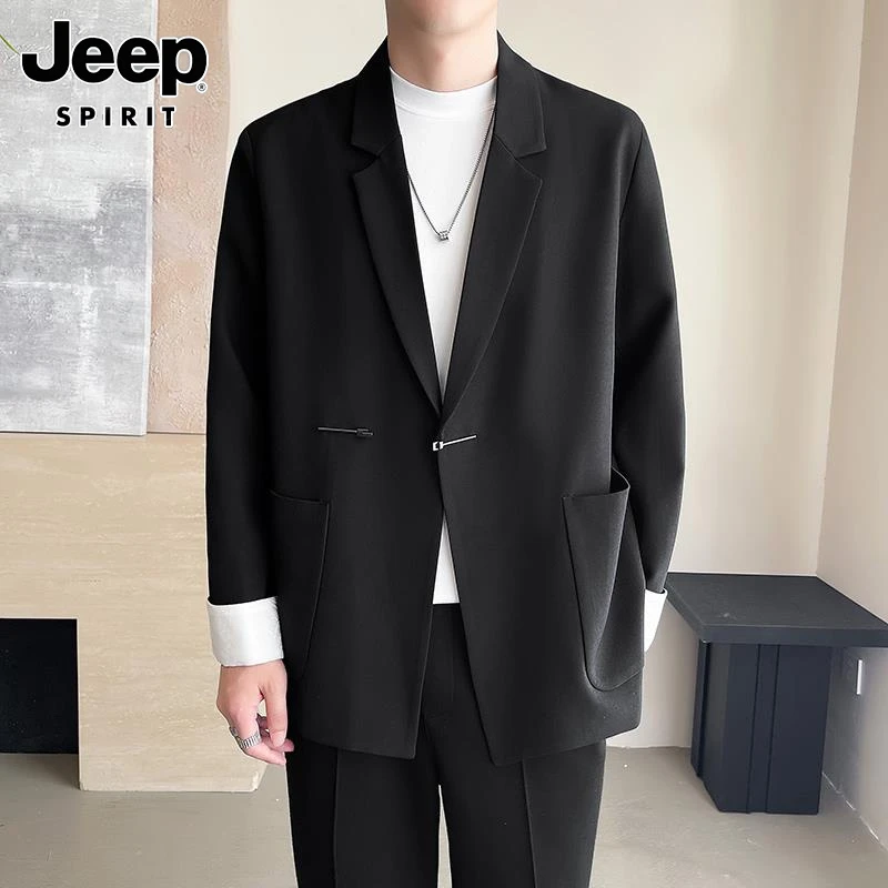 Jeep吉普春秋新款新中式铁盘扣小西装单西外套男中国风西服上衣潮