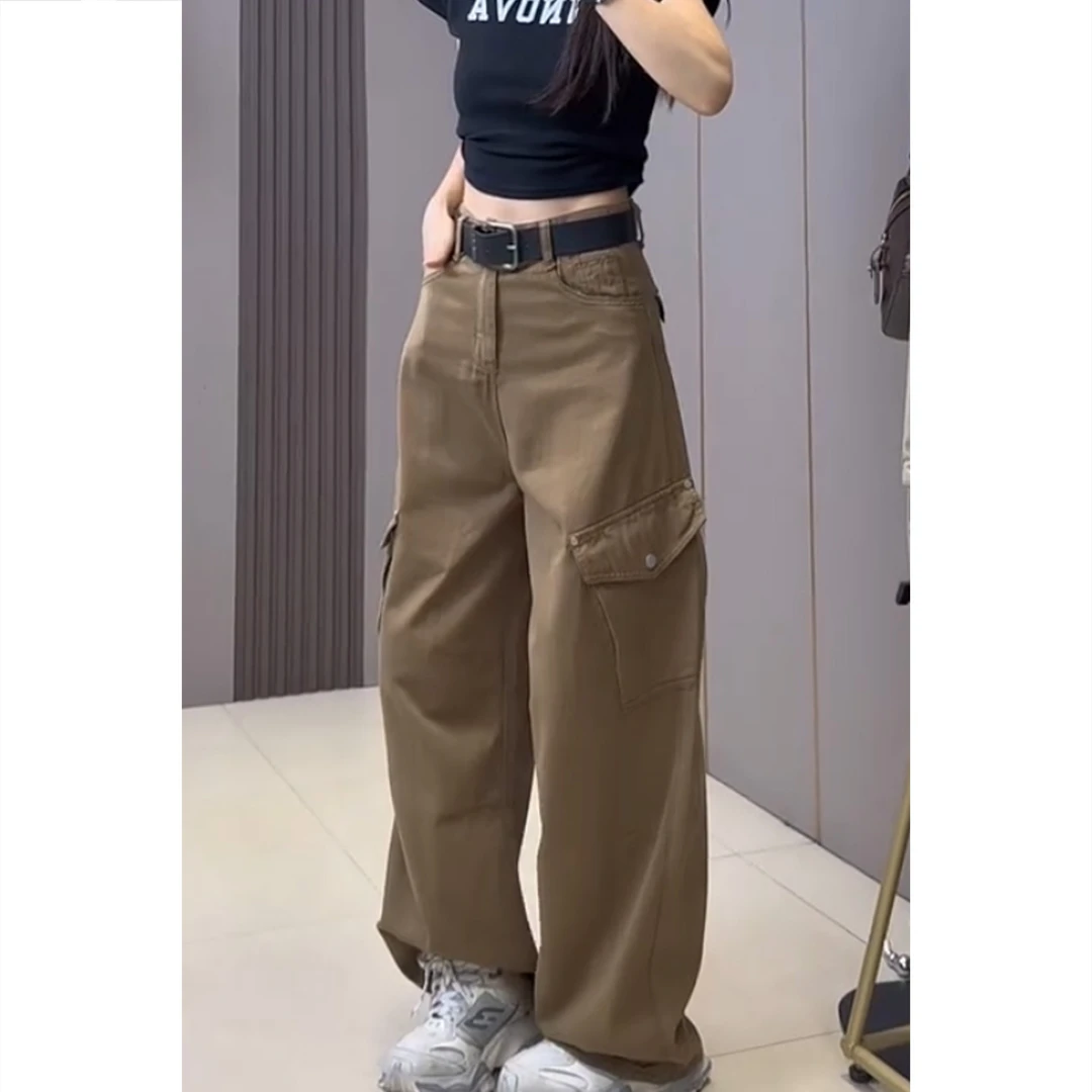 艾塔莉早秋新款大码工装裤高街小众大口袋宽松高腰长裤休闲牛仔裤