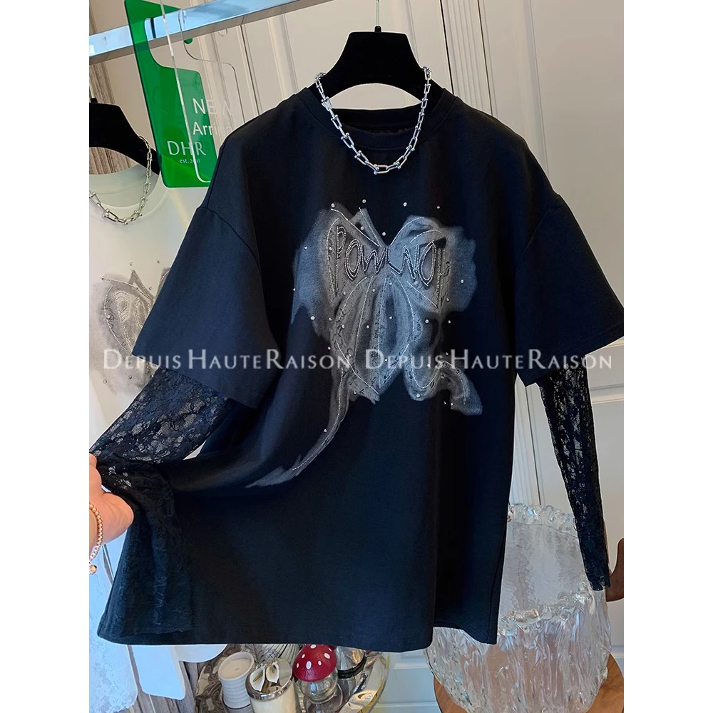 韩系假两件网纱长袖拼接T恤女早秋2025新款设计感宽松减龄上百搭