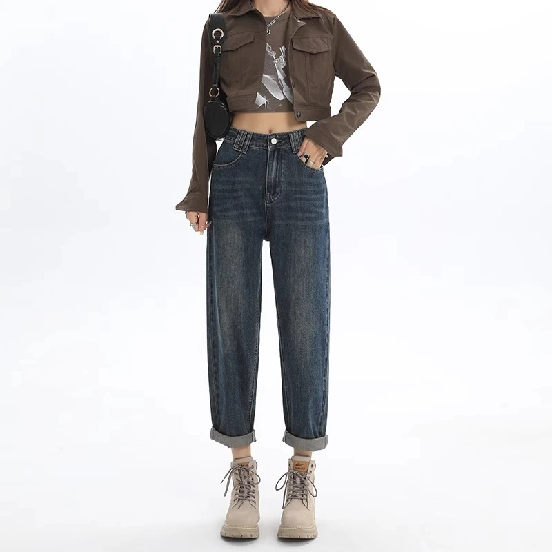 高腰哈伦牛仔裤女胖mm春秋新款梨形身材大码宽松显瘦九分老爹裤子