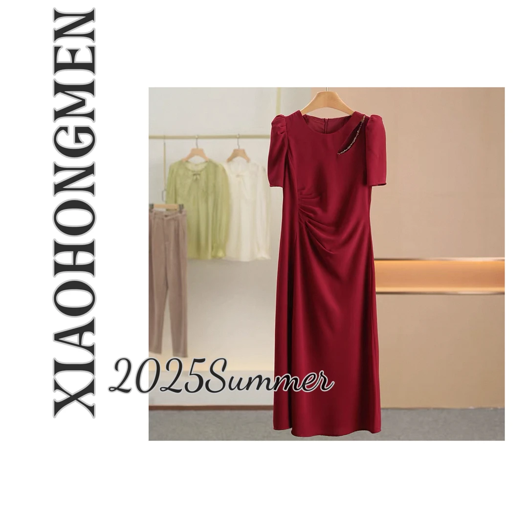 A201 夏季正品镂空项链条镶钻减龄显瘦褶皱遮肚连衣裙