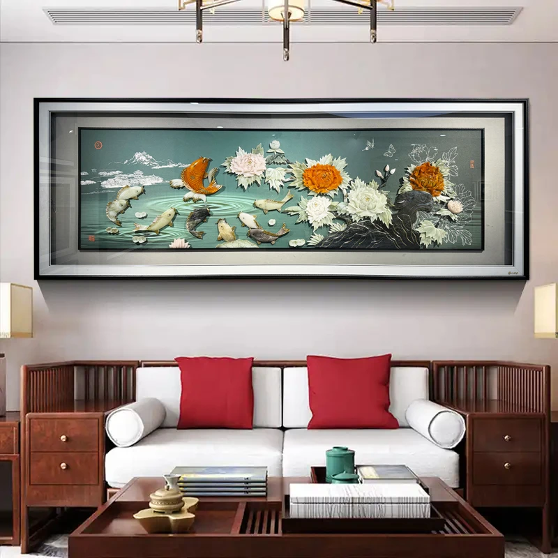 九头鸟玉雕画《九鱼牡丹》沙发背景玄关卧室餐厅茶室办公室装饰挂画