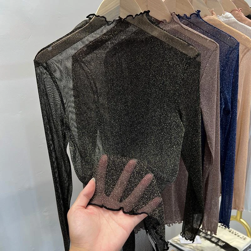 【JRXR女装】黑色网纱打底衫女内搭纱衣洋气亮丝半高领薄纱高弹力