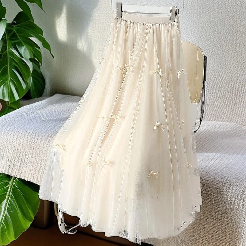 蝴蝶结新款纱裙气质半身裙网纱高腰中长款百褶裙仙女