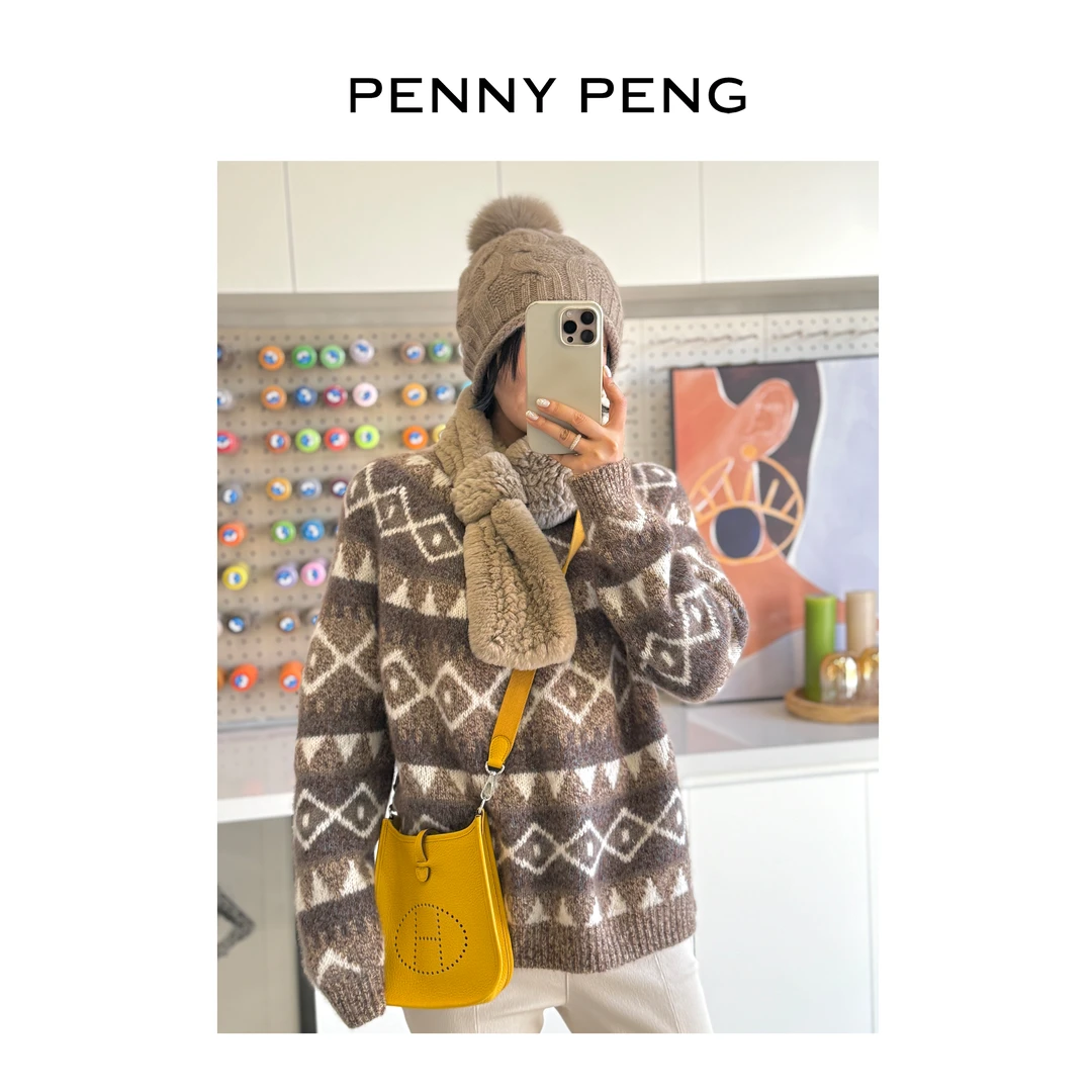 PENNYPENG圣诞夜黑标系列慵懒风费尔岛设计感圆领羊绒套头衫毛衣