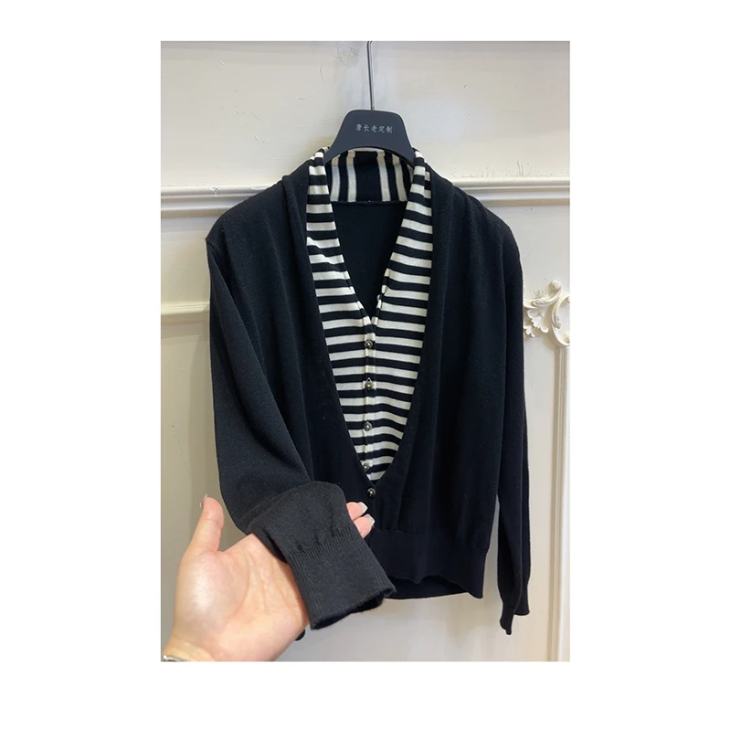 【孤品条纹假两件针织衫】长袖休闲百搭宽松秋季针织衫