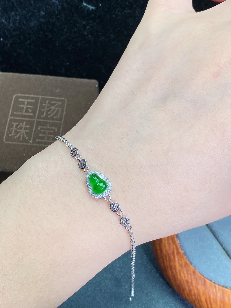 天然翡翠A货阳绿葫芦平安喜乐手链通体S925银镶嵌