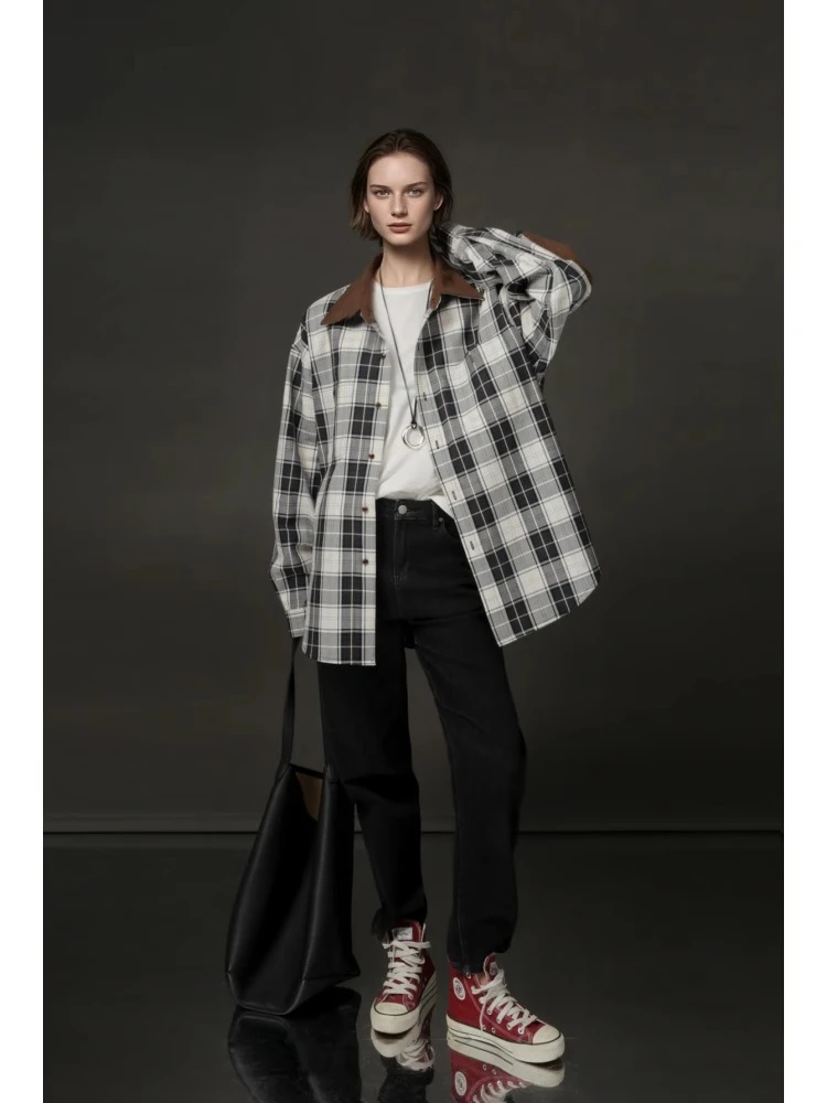 阿蕊专属-冷淡系美拉德撞色格纹衬衫女英伦风百搭衬衣PI24D164