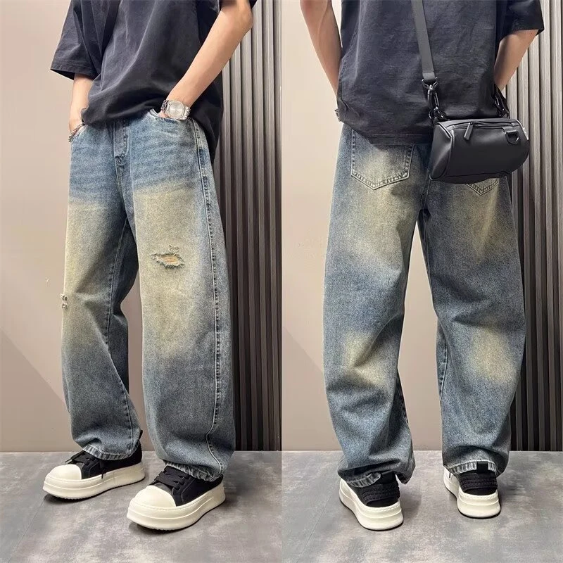 秋季潮流破洞裤痞帅复古破洞牛仔裤男直筒宽松潮流百搭阔腿长裤子