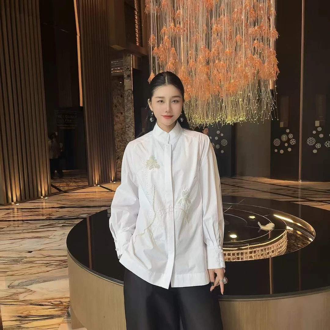 Betty Bairn【朝花夕拾】国风100棉重工刺绣气质立领简约衬衫A6181