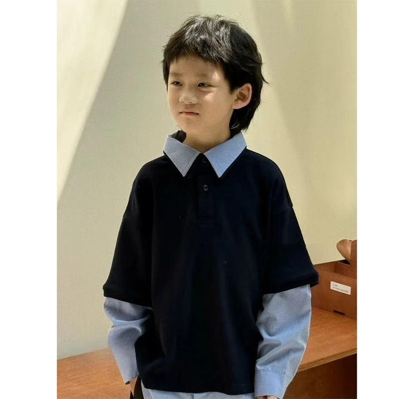 吴小越w1016男童春装翻领假两件韩版衬衣棉t恤长袖中大童儿童外套