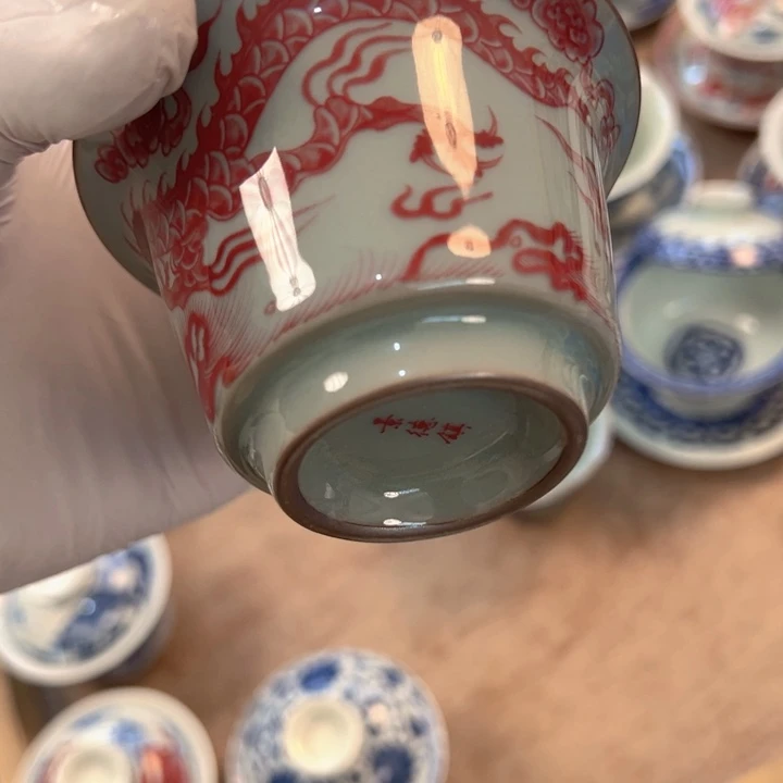 瓷片淘泥釉里红铠甲龙马蹄盖碗全品