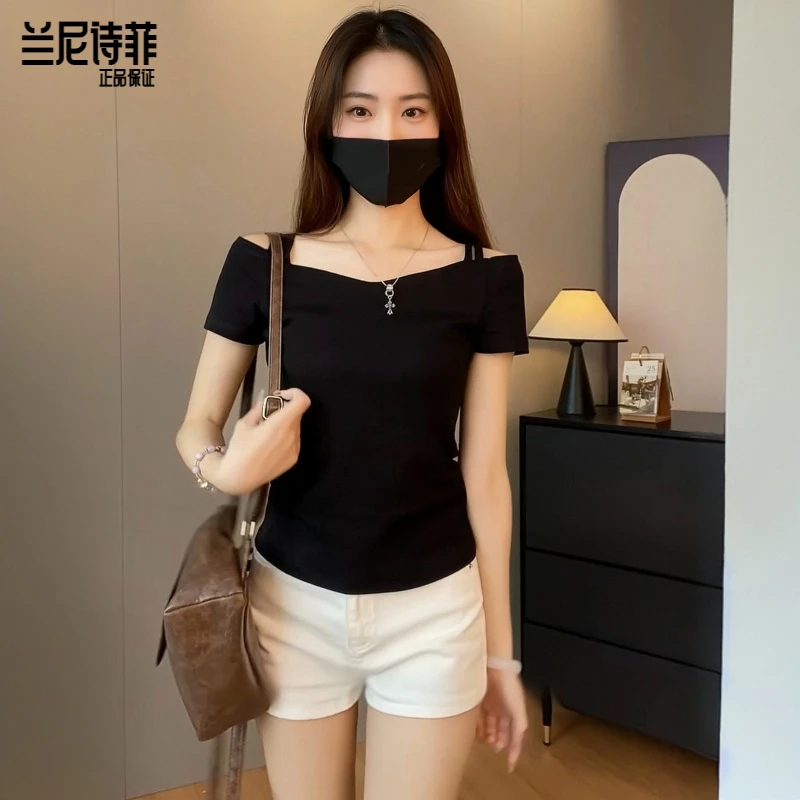 兰尼诗菲夏季黑色一字领露肩短袖T恤女纯棉修身设计感半袖上衣服