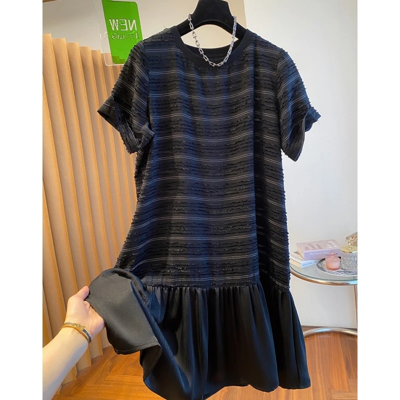 媛媛新款欧货高级感条纹t恤连衣裙女夏季短袖宽松黑色鱼尾裙子潮