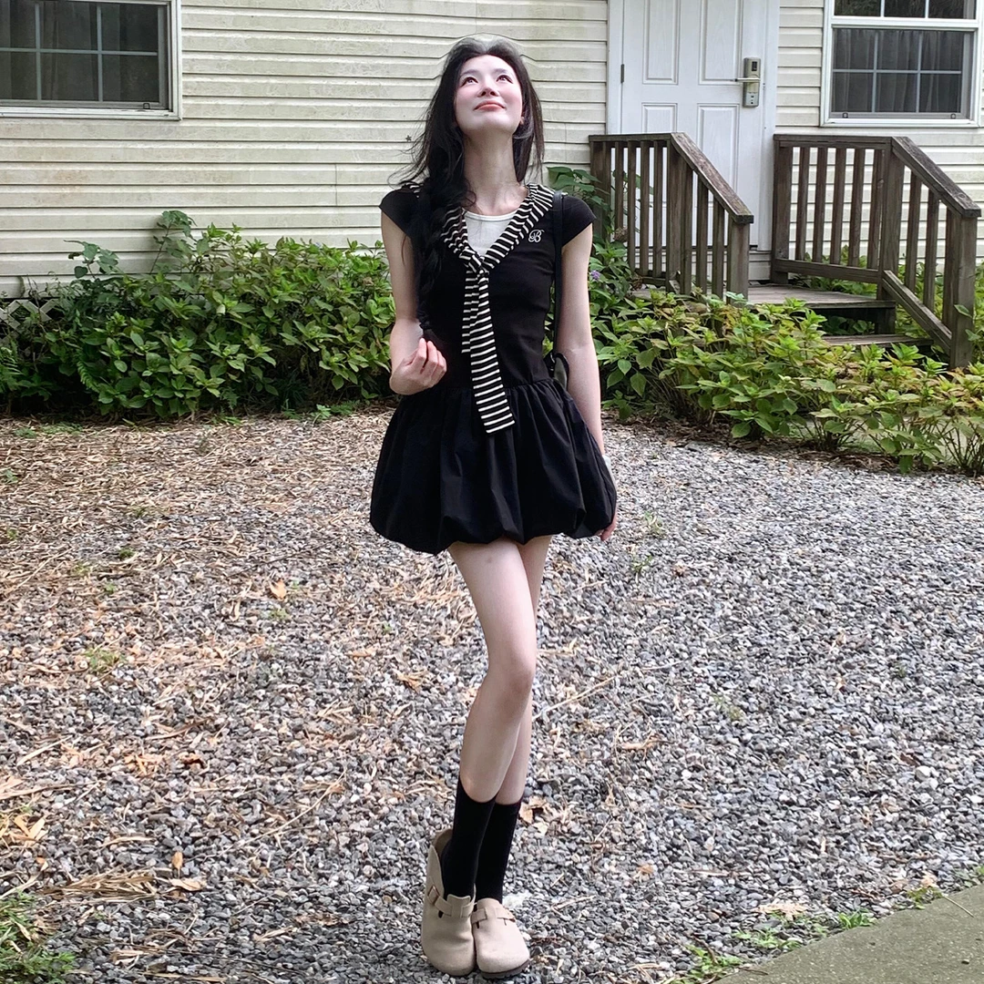 黑色假两件连衣裙子女夏收腰拼接针织配坎肩短袖披肩花苞短裙5146