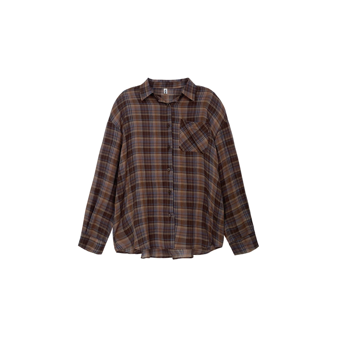 小众色系棕蓝格子衬衫外套C 9135#