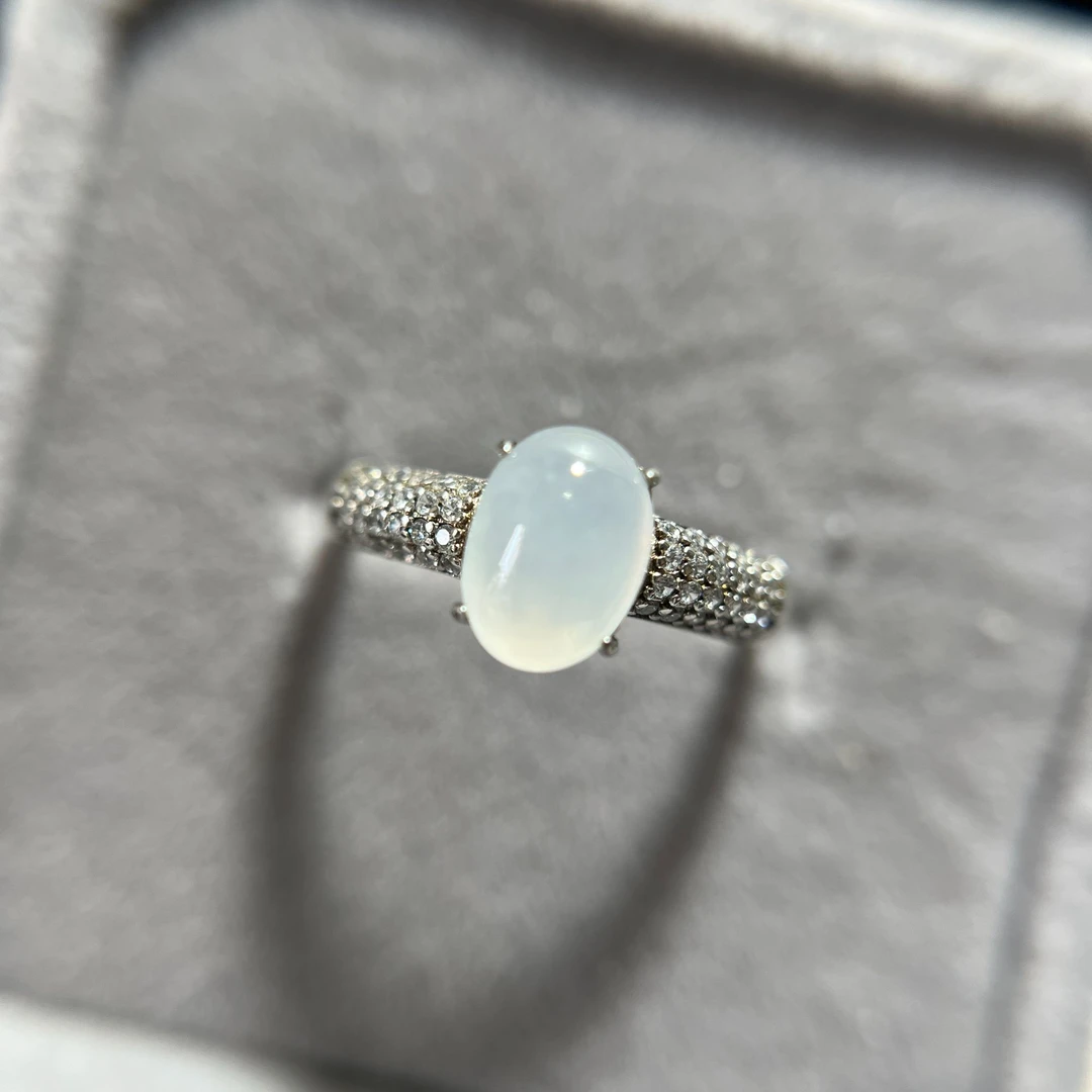 缅A翡翠冰种蛋面925银镶嵌女款