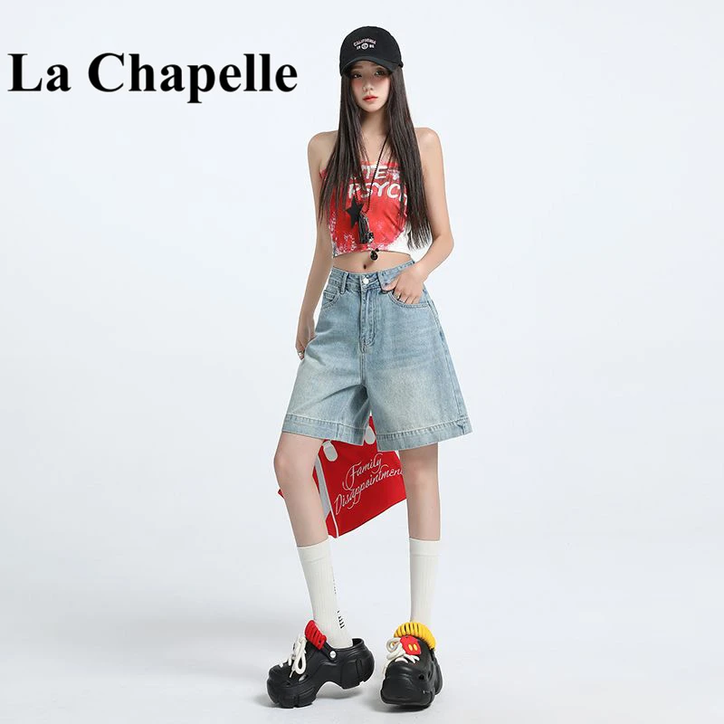 拉夏贝尔复古直筒五分牛仔短裤女夏季薄款2025年新款宽松阔腿中裤