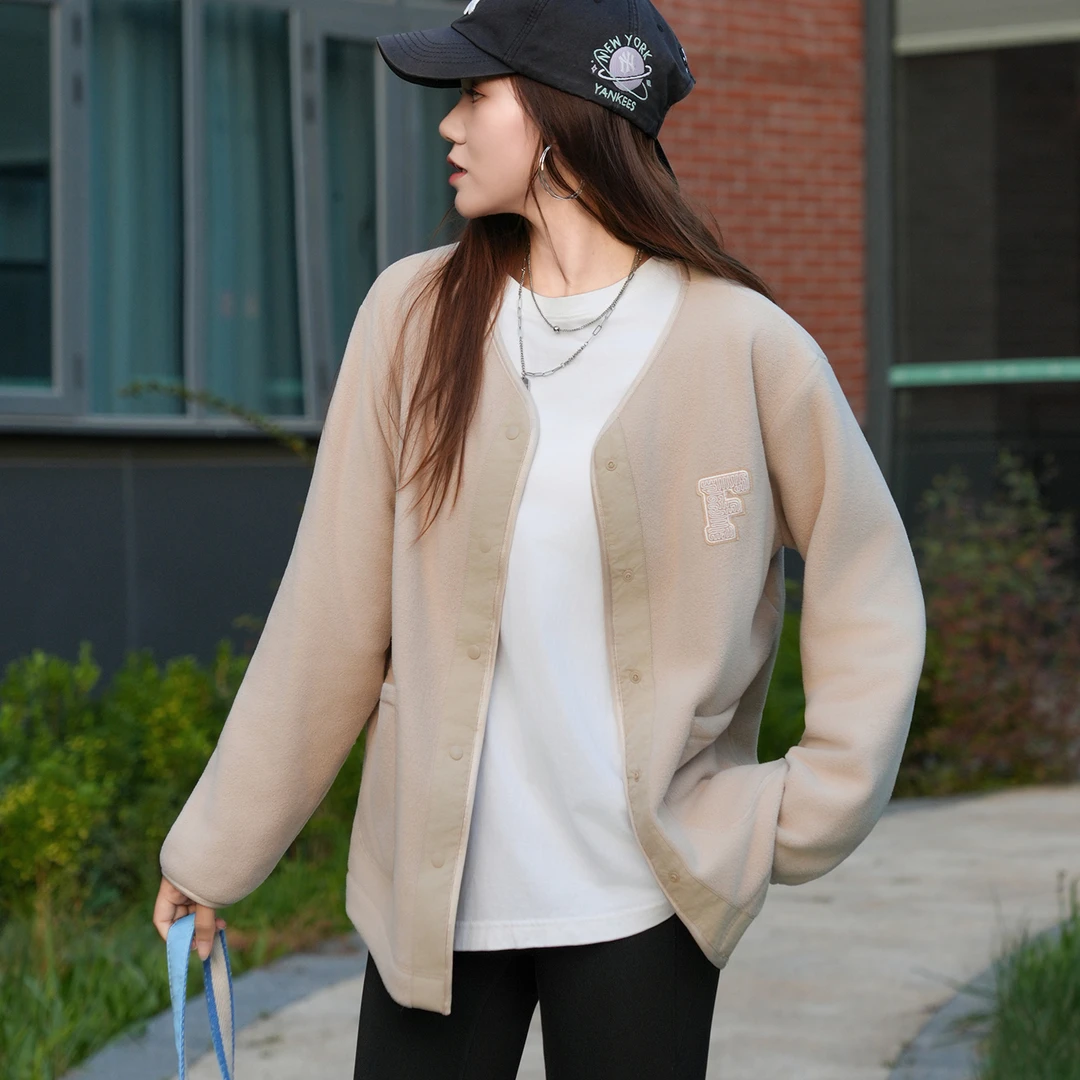 气凝胶摇粒绒秋冬抗静电加绒加厚女士宽松无领开衫休闲卫衣绒衫