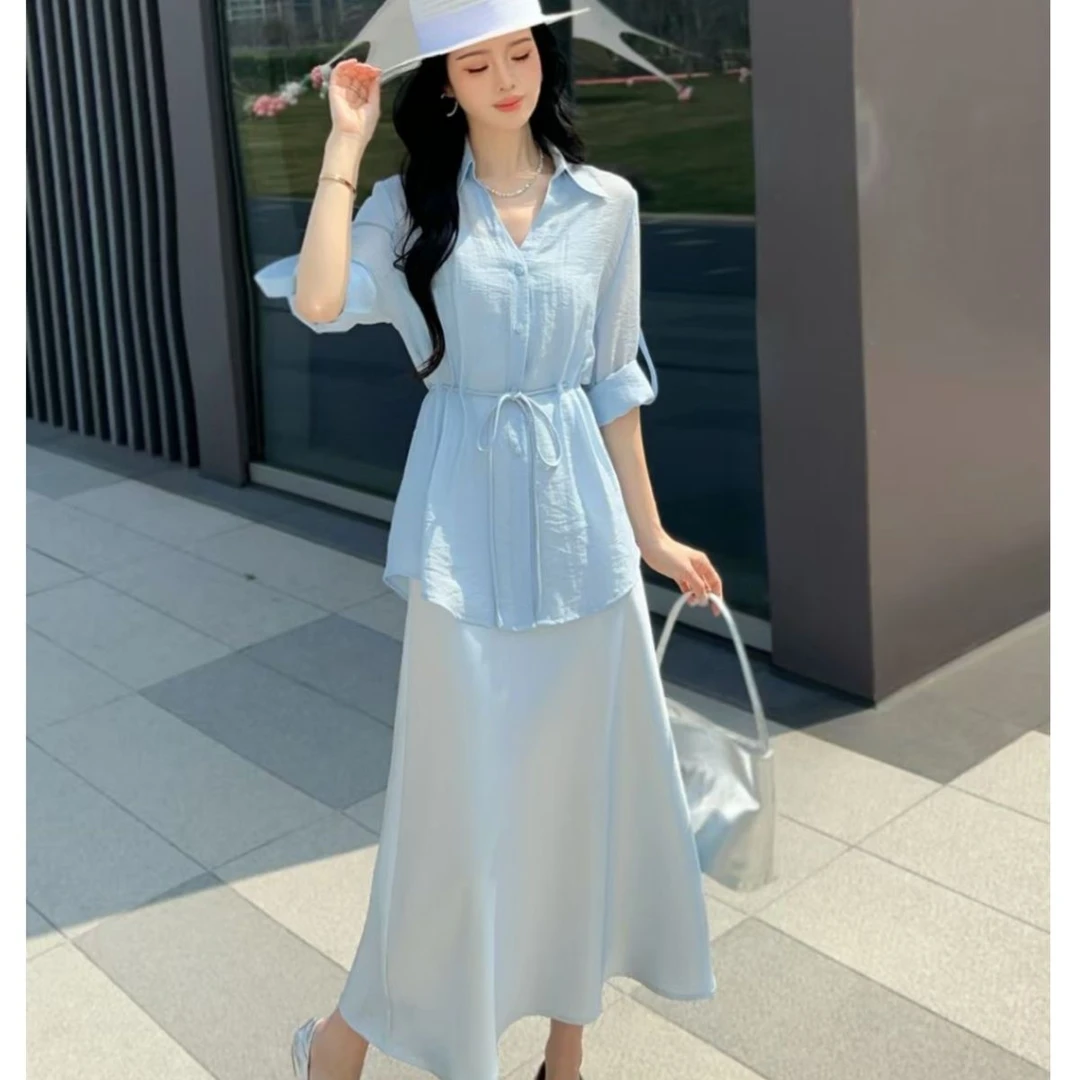 2025夏韩版时尚气质显瘦收腰衬衫绸缎吊带连衣裙两件套女