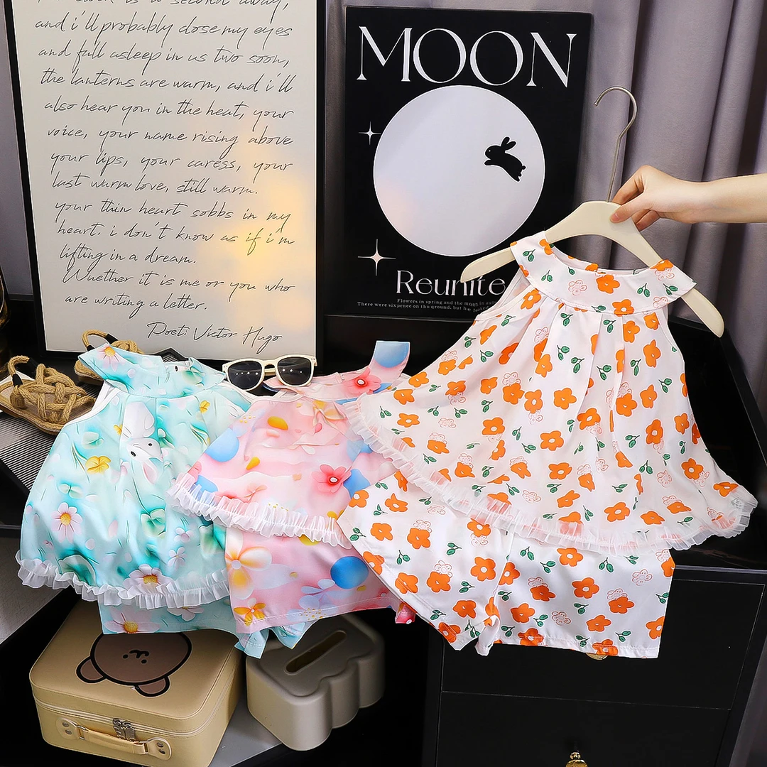 2025新款女童裙子夏天薄款套装碎花女孩裙子洋气可爱清新无袖套装