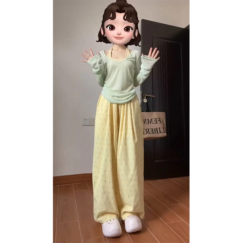 2025秋季新款女休闲风挂脖背心V领长袖上衣t恤百搭波点阔腿长裤