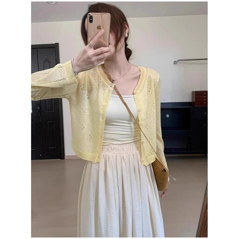 黄色镂空冰丝针织防晒开衫薄款外套女夏季配吊带裙子外搭罩衫上衣
