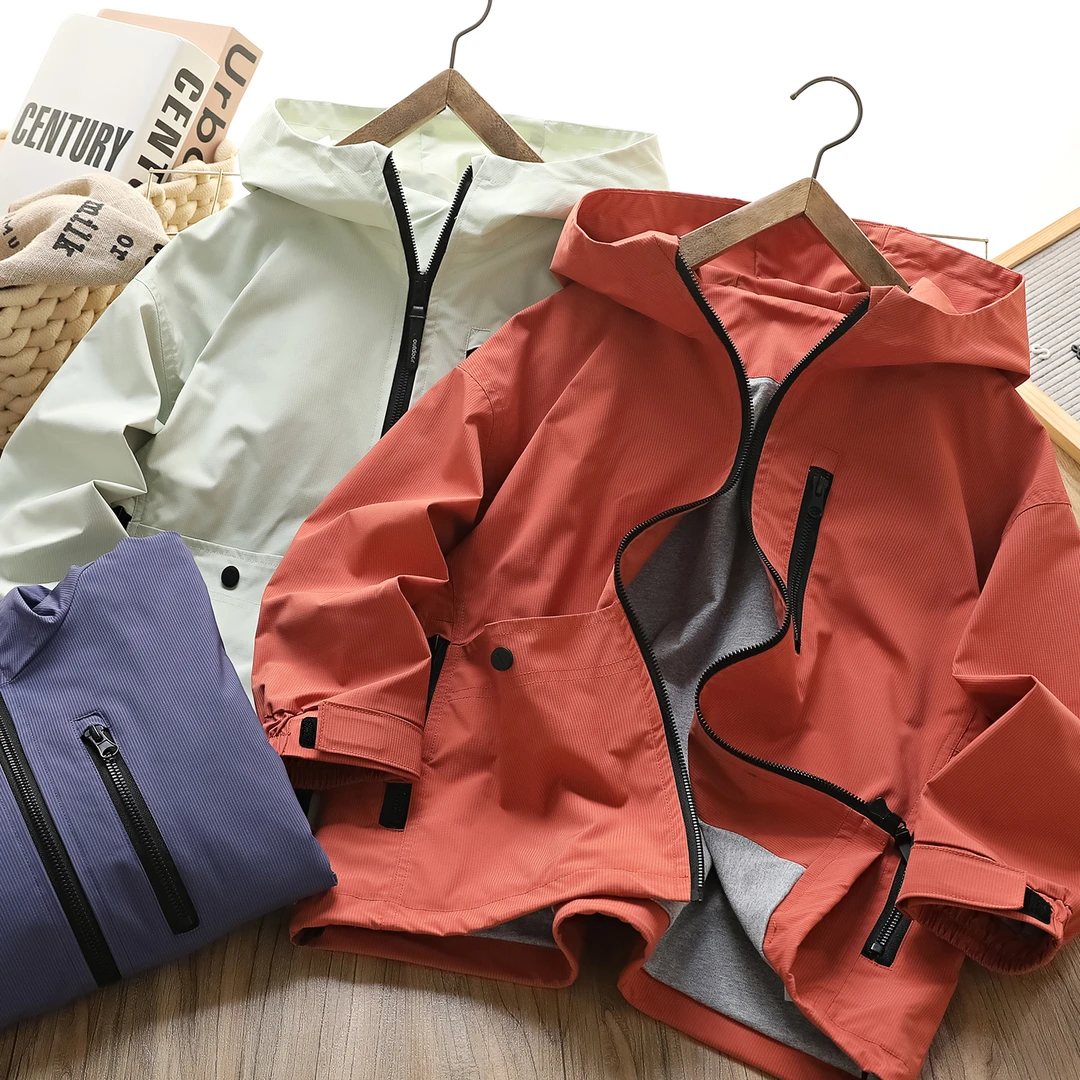 儿童春季新款简约拉链口袋连帽冲锋衣中大童男童休闲外套6753