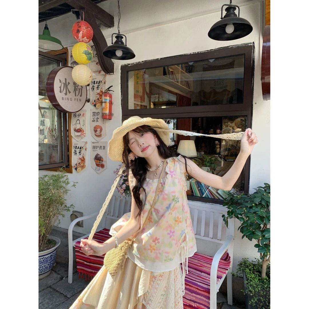 甜美风套装女夏季新款独特别致碎花无袖衬衫半身裙两件套气质减龄