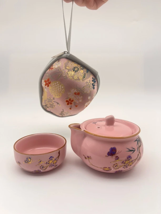 粉釉变色梅花手抓壶一壶一杯一人饮茶具套装带刺绣包