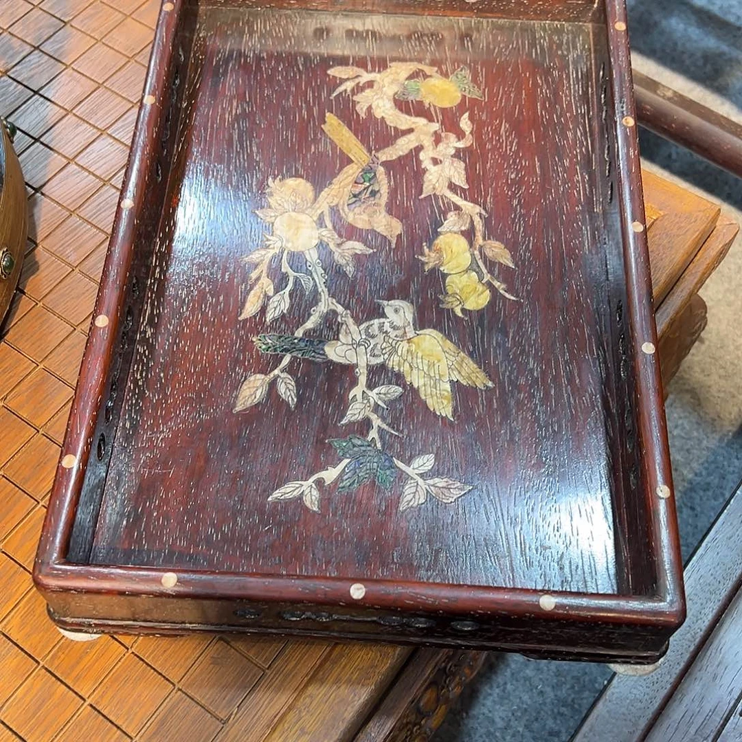 清***影木紫檀茶盘花鸟，，