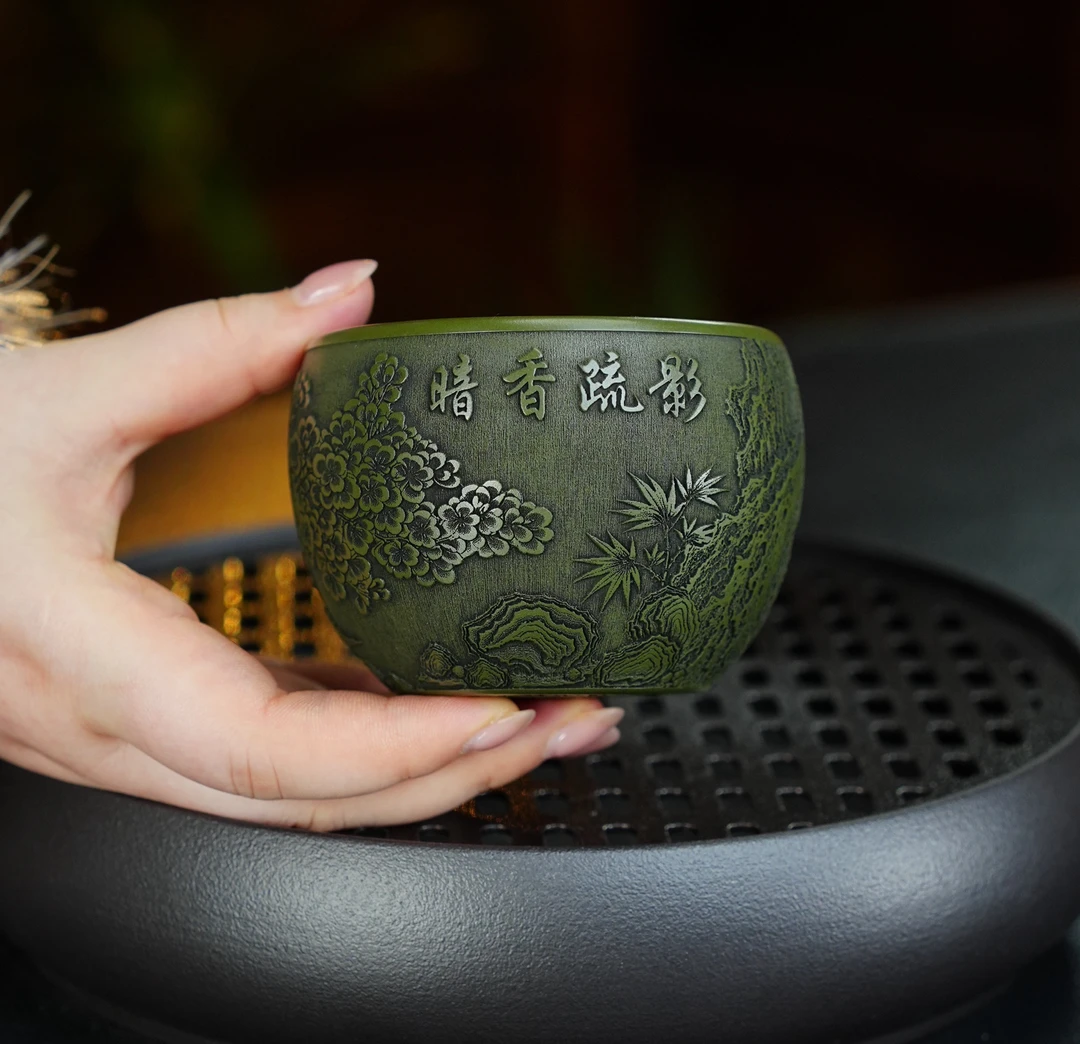 282宜兴原矿绿泥全手工刻绘暗香疏影紫砂主人杯高端品茗茶杯